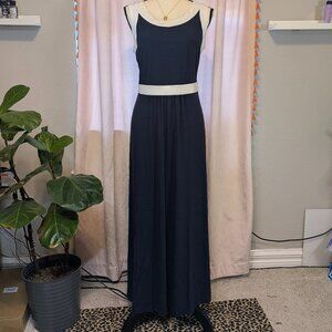 Lands’ End Navy White Sleeveless Maxi Dress High Neck Stretch Comfy Size Large